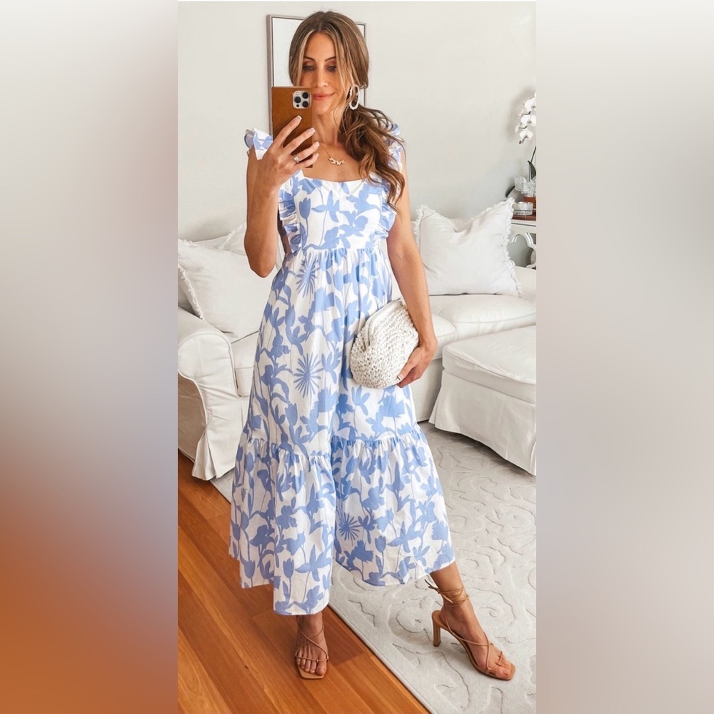 AAKA BOUTIQUE LILLY DRESS. GORGEOUS TIE BACK, RUFFLED SHOULDER, MAXI, Sz.L